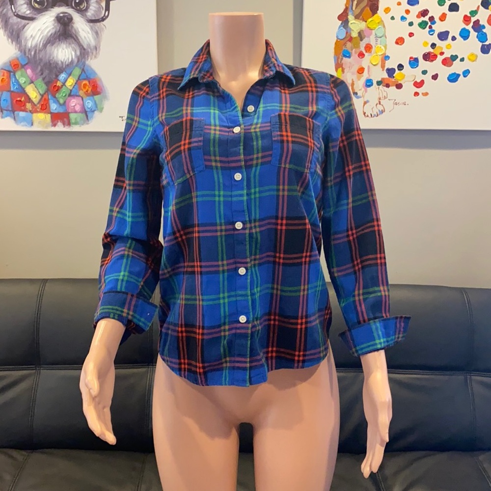 Old Navy Blue Red Green Tartan Plaid Flannel Shirt Soft Button Down XS NWOT